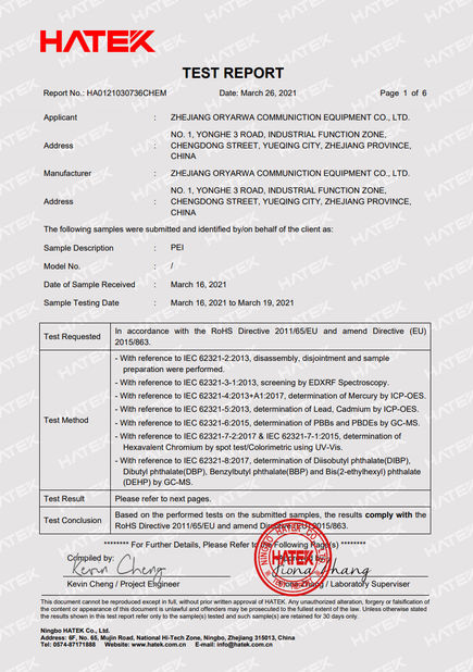 China Zhejiang Oryarwa Communication Equipment CO.,LTD certification